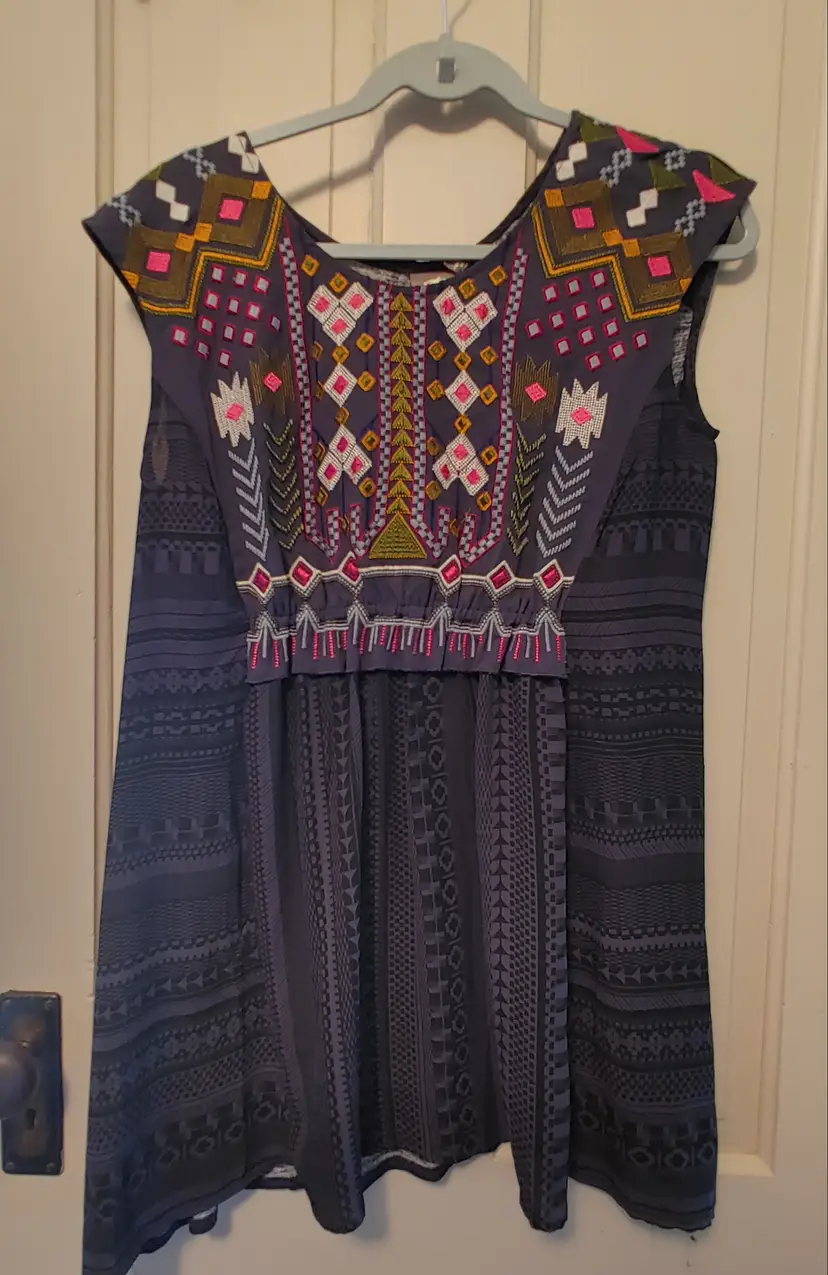 Dress- Brand: September. Size Small. Navy embroidered dress. Material: 100% polyester. No callouts.