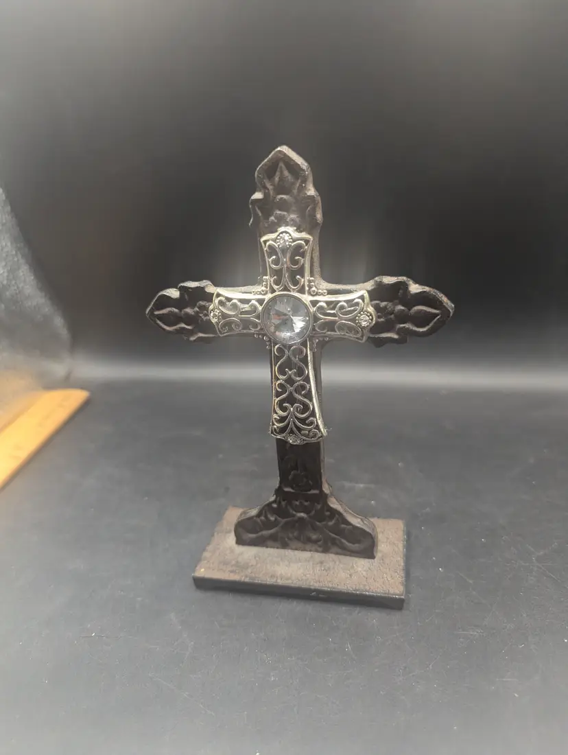 Vintage Cast Iron Double Sided Self Standing Rustic Cross 6.5 Inches Tall.