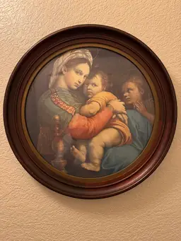 Antique Madonna and Child Old Print in Antique Round Wood Frame 19.5” Diameter
