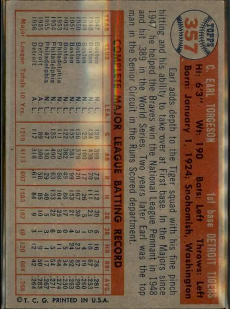 1957 Topps #357 Earl Torgeson - ( pk1 ) - Detroit Tigers