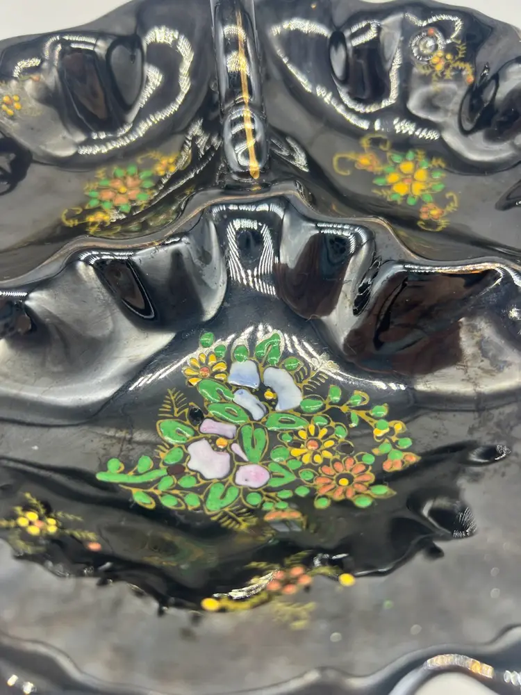 Vintage 1940’s Black Handpainted Divided Nappy Or Candy Dish