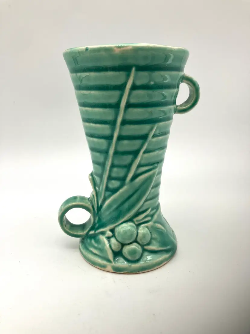 BIN - Vintage 1940s McCoy Pottery Leaf And Berries Vase Aqua Offset Handles 5.85”