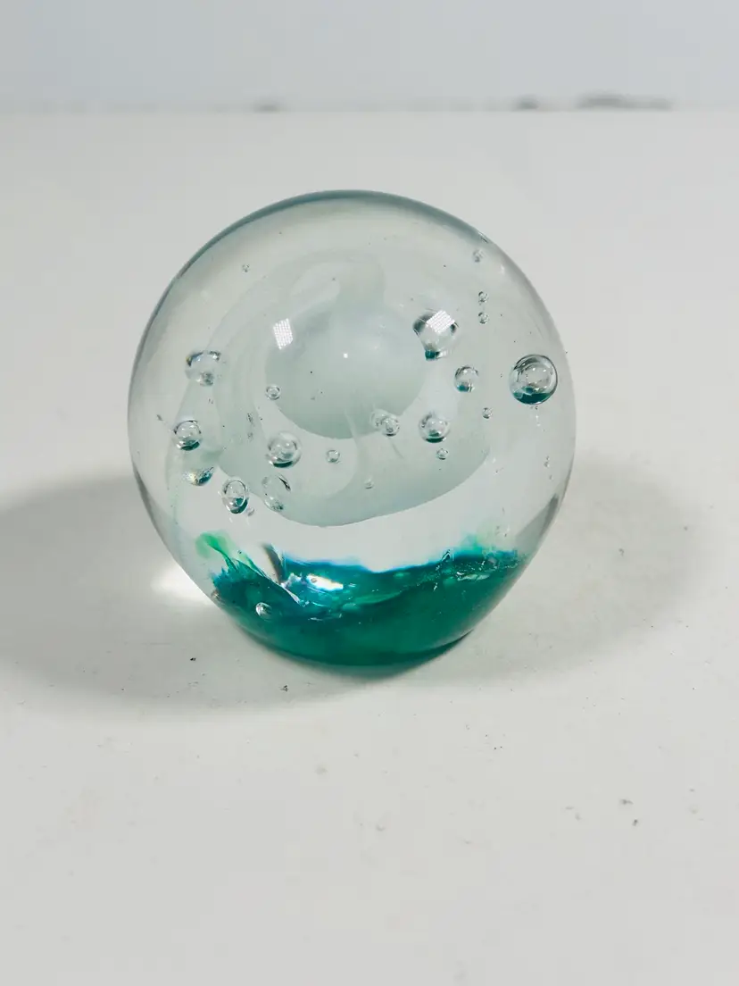 Vintage Art Glass Paperweight Green White Suspended White Sphere 2.25"