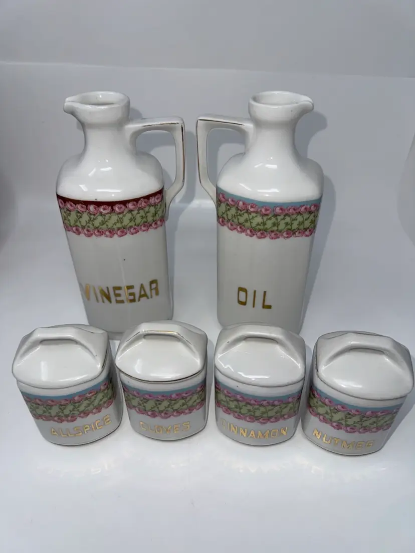 Vtg Czechoslovakia Porcelain Spice & Oil/Vinegar Hand Painted Rose Set Of 6