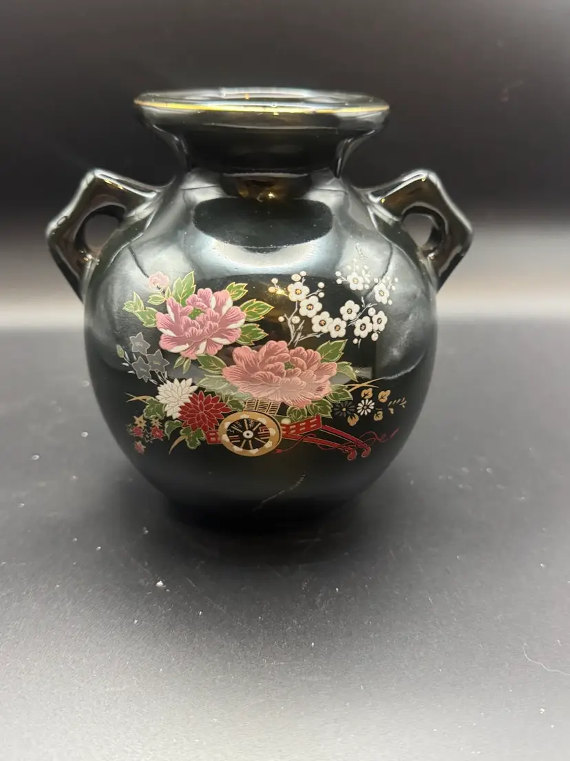 Black Ceramic Handled Vase - Flower Cart 7”