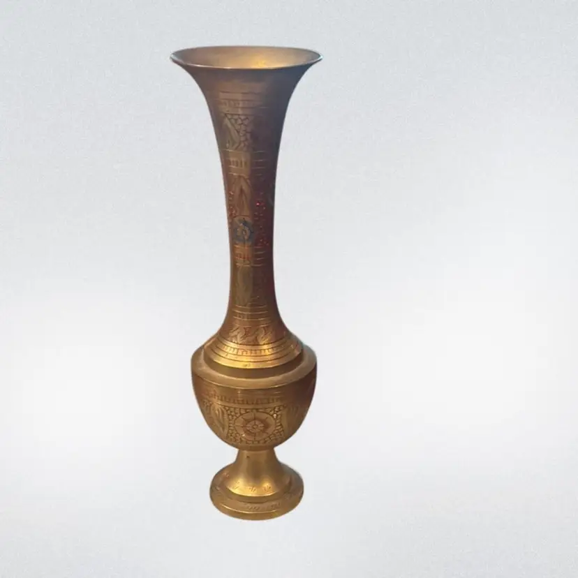 Solid Brass Vase with Painted Etching