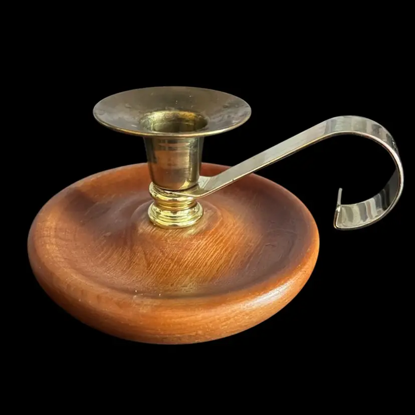 Brass & Wood Chamber Candle Holder with Curved Handle-6” Wide with Handle- 3” High