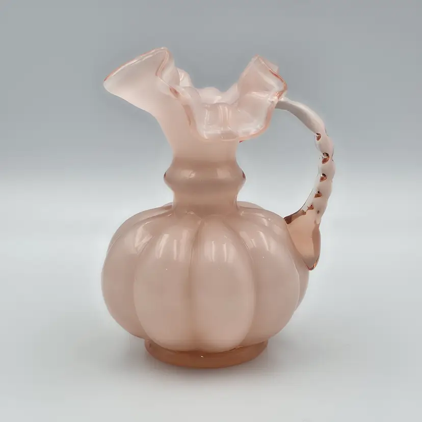 Vintage Fenton Dusty Rose Pink Overlay Melon Pitcher Crimped Ruffle Top