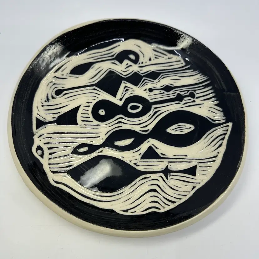 Sgraffito Black & White Decorative Plate Signed Spalding