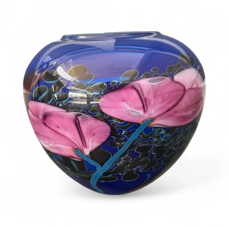 Richard Satava Blue Pink  Crocus Floral Art Glass Vase Signed