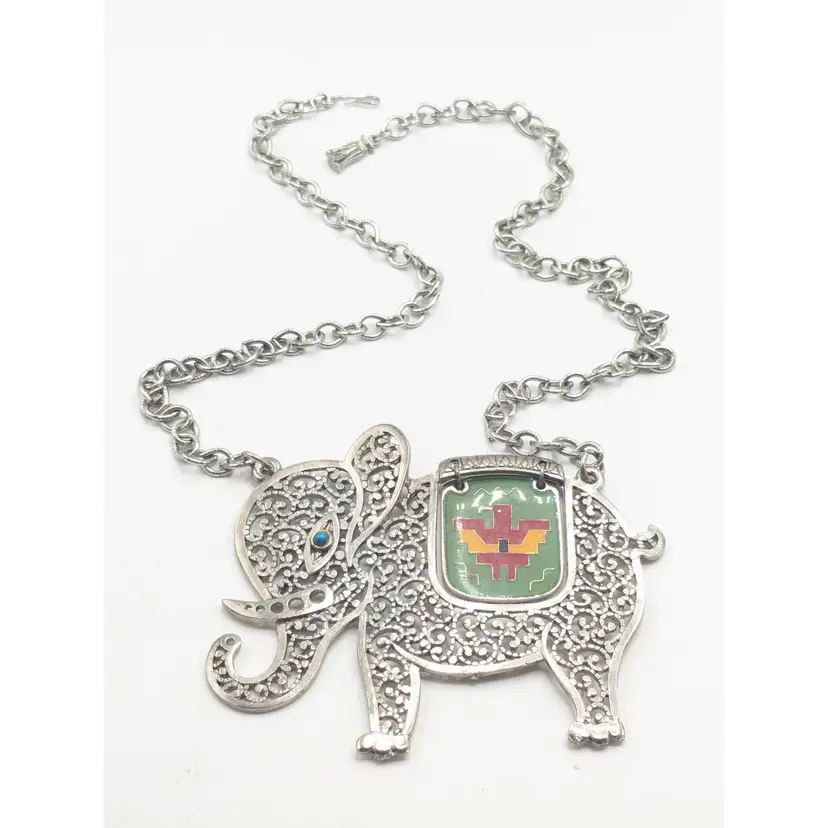 Elephant Filigree Necklace with Articulated Enameled Blanket Silver Tone