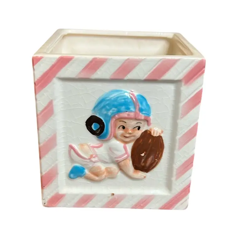 Vintage Kitschy Baby Pink And White Striped Planter