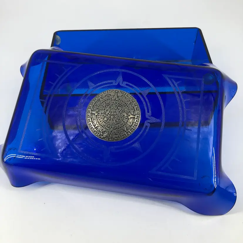 Kheops Aztec Sun Stone on Cobalt Blue Etched Glass Jewelry Box