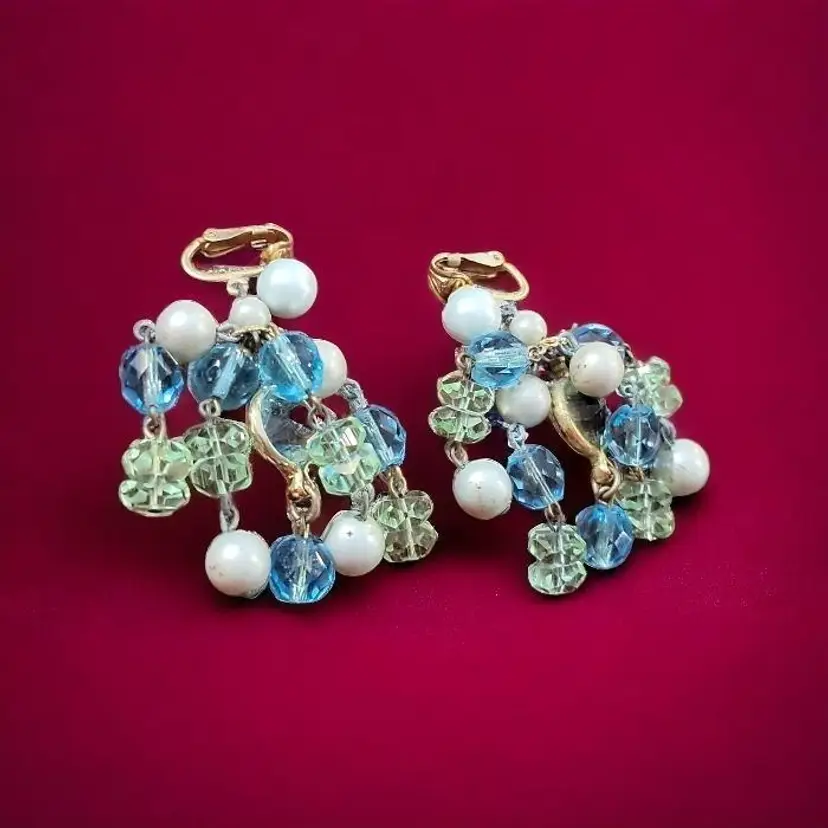 Marvella Cha Cha Earrings Vintage Faux Pearls Multi Colored Glass Dangle Clip Ons