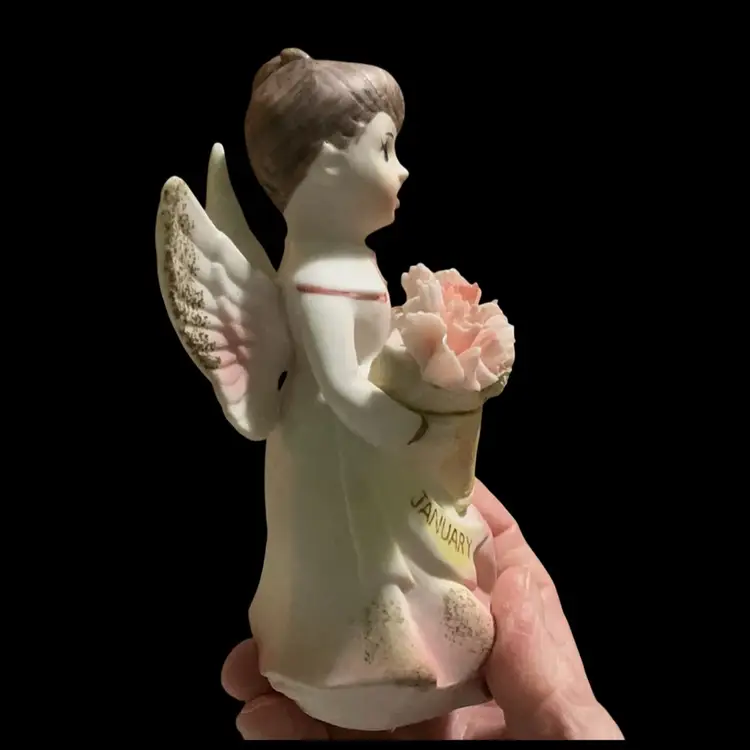 Beautiful Vintage Ardco January Birthday Angel Figurine. She Is Holding A Basket Of Pink Carnations( January Flower) Hand Painted Porcelain Collectible. Marked On Bottom As Shown In Picture , Model # C-1361 Imported From Japan By Ardco Of Dallas. Likely From 1950s / 1960s .