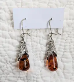 Vintage Sterling Silver Amber Teardrop Earrings