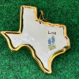 Gold plated Texas Ornament With Bluebonnets And Lisa Painted On Vtg