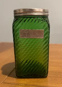 Sold
Owens Illinois Ribbed Green DEPRESSION HOOSIER Glass TEA Jar Canister 5.25” tall