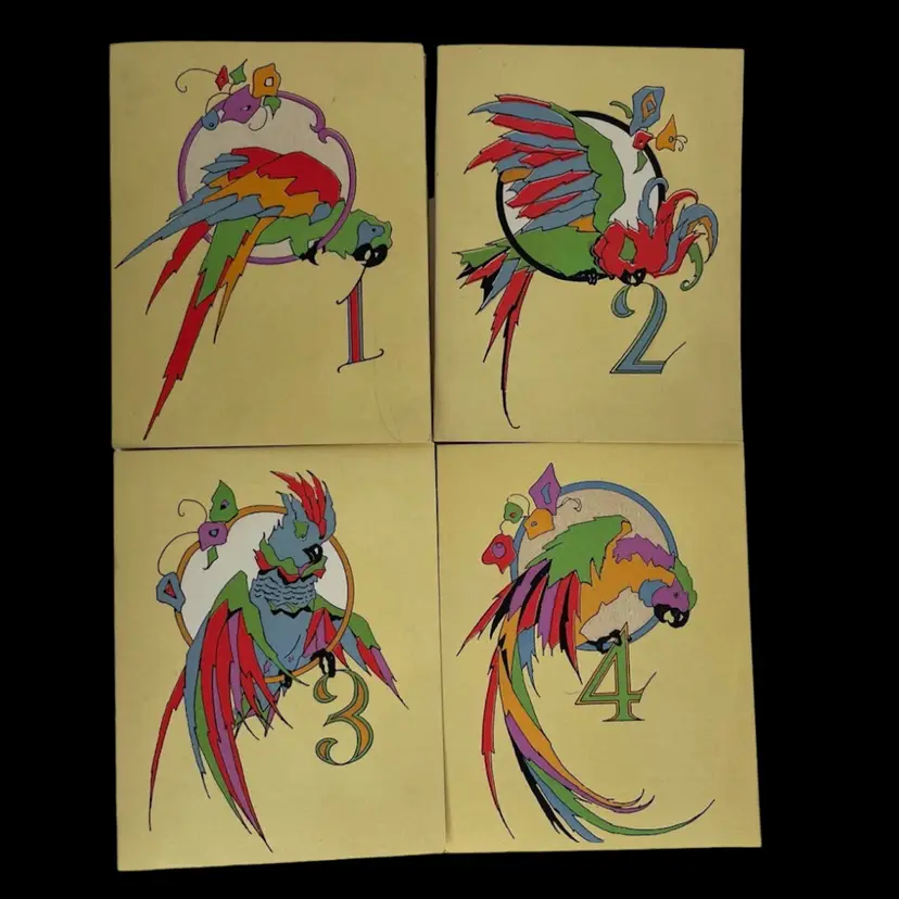 Atq Art Deco Combination Bridge Score 4 Pads & Table Numbers Tropical Birds & Box