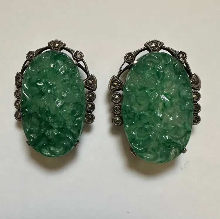 Art Deco Dress Clips Sterling Silver, Marcasite & Molded Green Glass