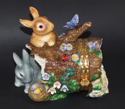 Vintage 1990s Easter Bunny Porcelain Trinket Box Large Butterflies Flowers 5.5" x 4.5"