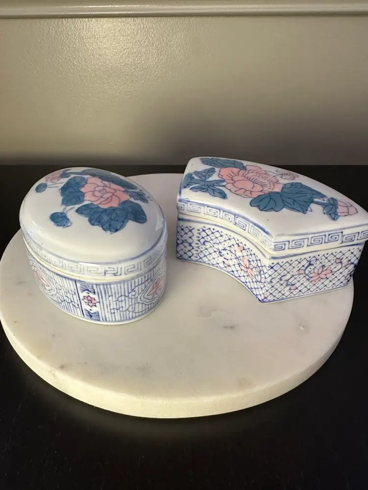 Vintage Chinoiserie Porcelain Trinket Box Set - Blue & Pink Peony Design