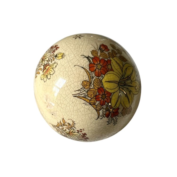 Beige Chinese Porcelain Orb Carpet Ball with Floral Crackle