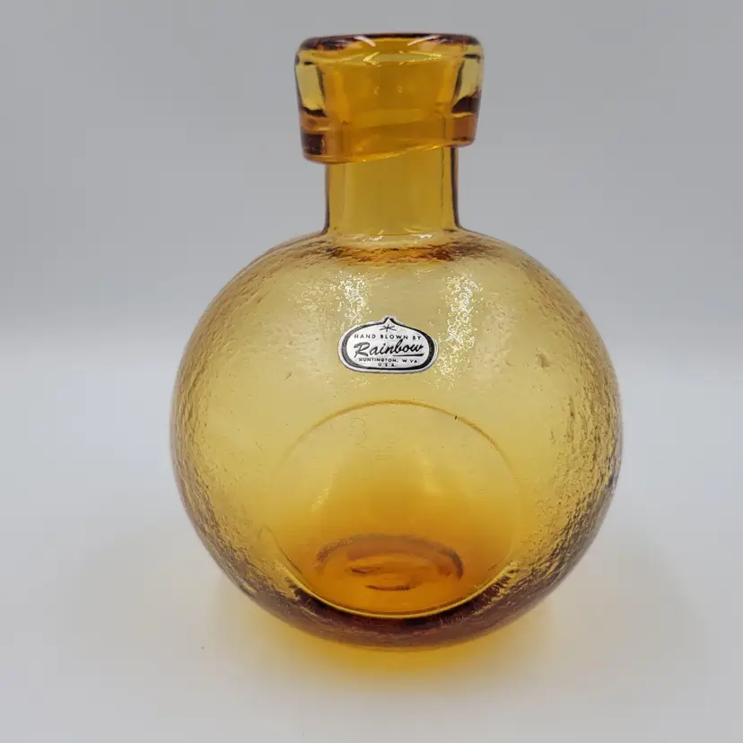 Vintage Amber Rainbow Art Glass Mid Century Modern Bottle Vase With Rolled Lip Edge