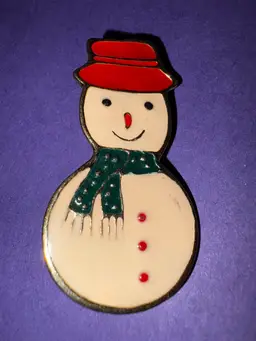 Vintage Signed AAI Christmas Snowman Brooch ~ Gold Tone ~ White Enamel Snowman With Red Enameled Hat And Green Scarf ~ Very Sweet