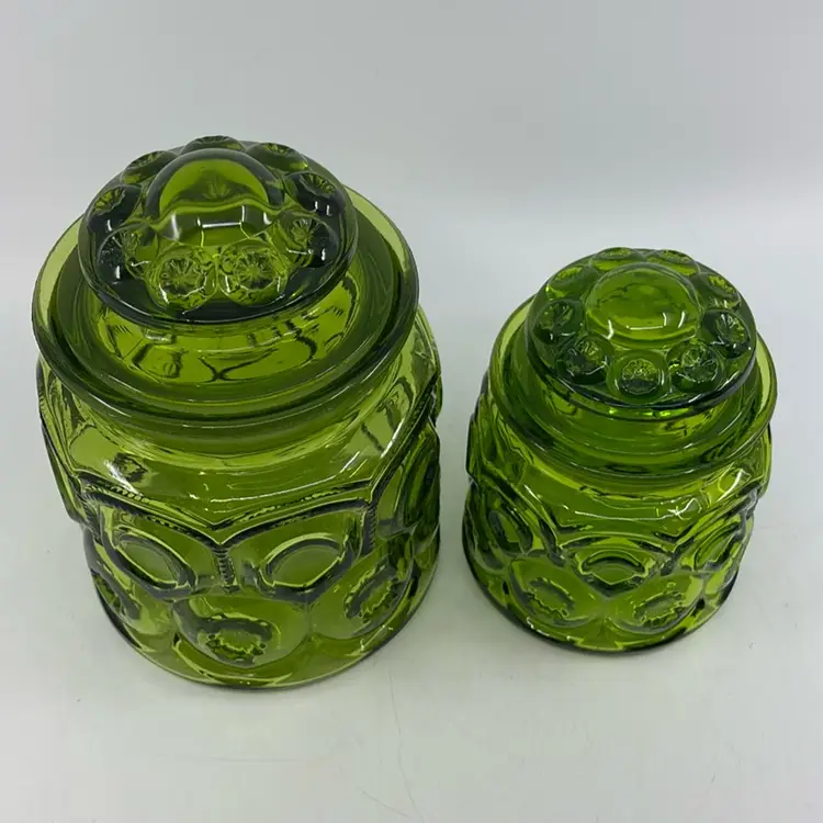 LE Smith Moon & Stars Avocado Green Canister Pair 7H 4.5Dia 5H 3.5Dia