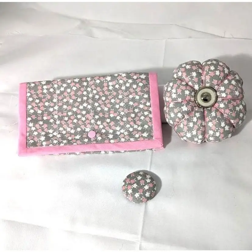 Handmade Needle Keeper Set, 3 pieces.  Grey and Pink Floral Print