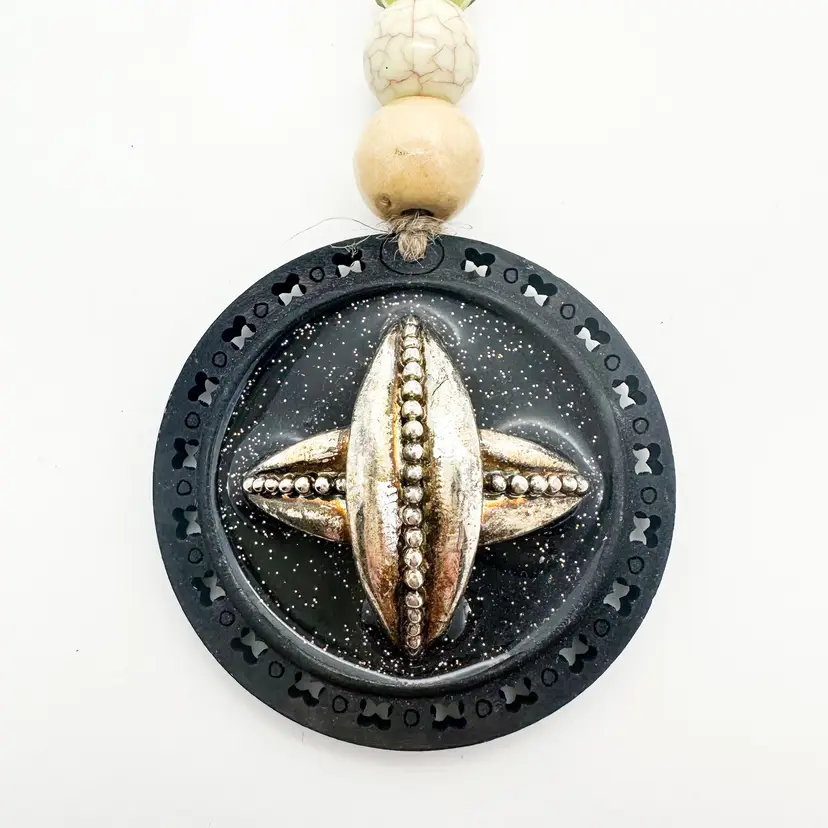 Silver Tone Cross Black Handmade Bauble Ornament Repurposed Jewelry