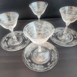 8 pc. Fostoria Romance 5.5" Champagne / Tall Sherbet Glass + Matching Plates 6017 Stem, 341 Flower & Ribbon Etch App Plates - USA