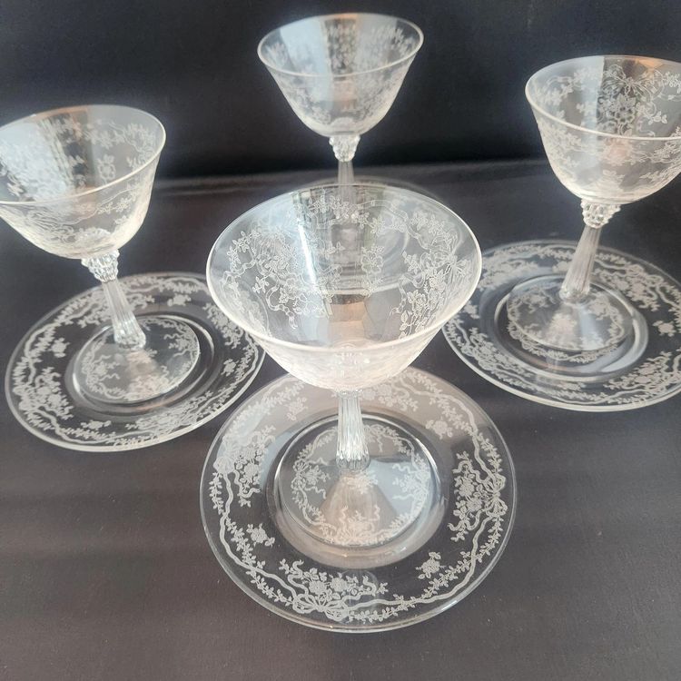 8 pc. Fostoria Romance 5.5" Champagne / Tall Sherbet Glass + Matching Plates 6017 Stem, 341 Flower & Ribbon Etch App Plates - USA