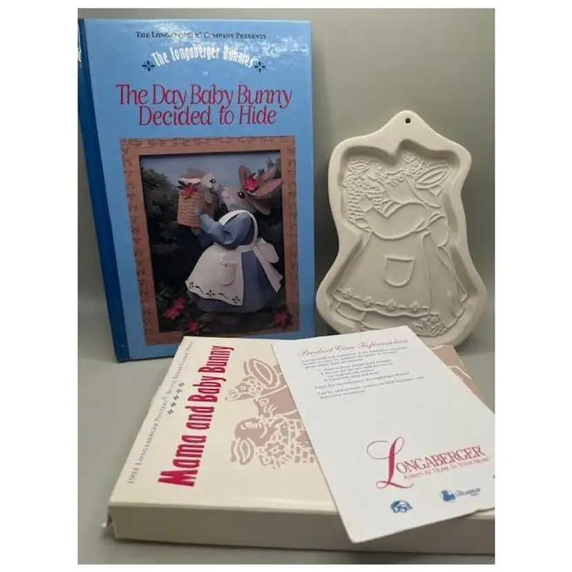 Vintage 1994 Longaberger Pottery Cookie Mold & Book Set ~ Mama and Baby Bunny