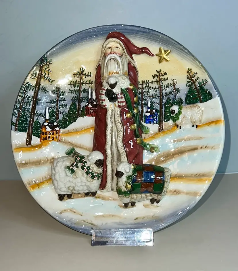 Vintage Ganz Good Shepherd 3D Santa And Sheep Christmas Woodland Plate