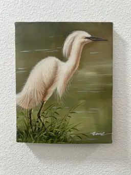 Original Oil On Canvas Egret Soft Pink Coral in Marsh Painting Signed Unframed