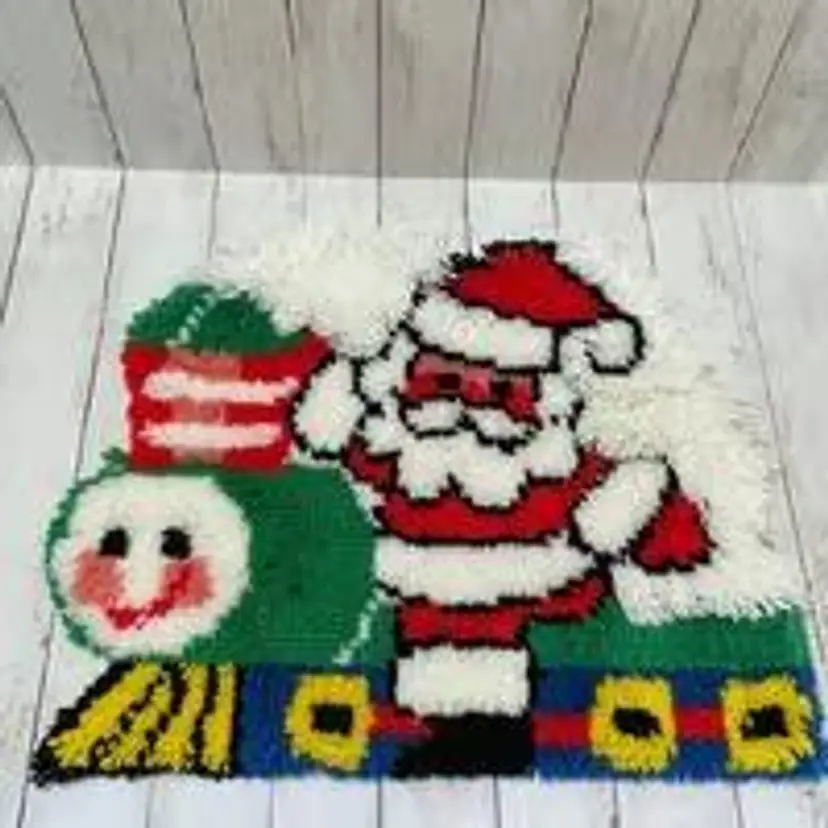 Vintage Christmas Latch Hook Kit Completed Santa Riding Green Choo Choo Train Wall Decor