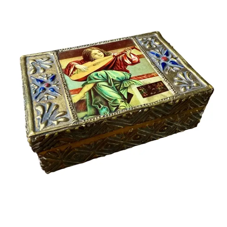 Vintage Florentine Jewelry Box, Hinged Lid, Angel Playing The Lute, Italy AS IS