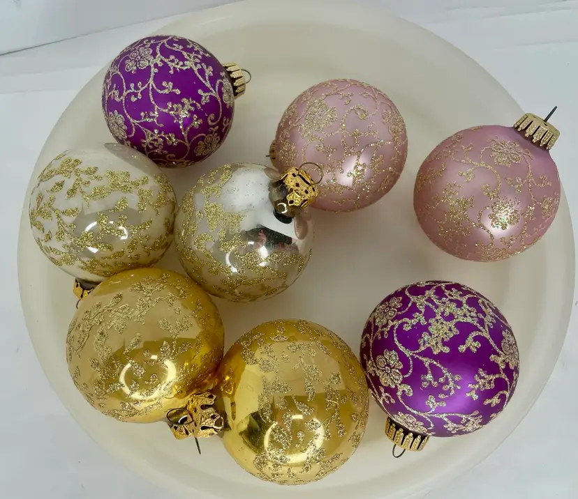 8 VTG Stenciled Glitter Glass Ball Christmas Ornaments Purple Pink Silver Gold