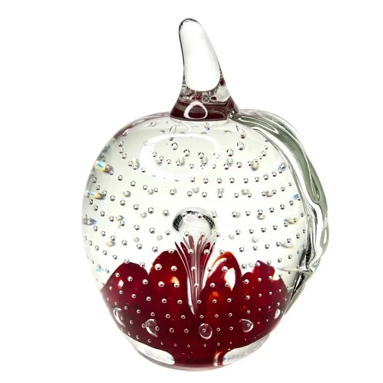 1992 Gibson Art Glass Apple Paperweight. Clear With Controlled Bubbles & Red Interior “Petals”.