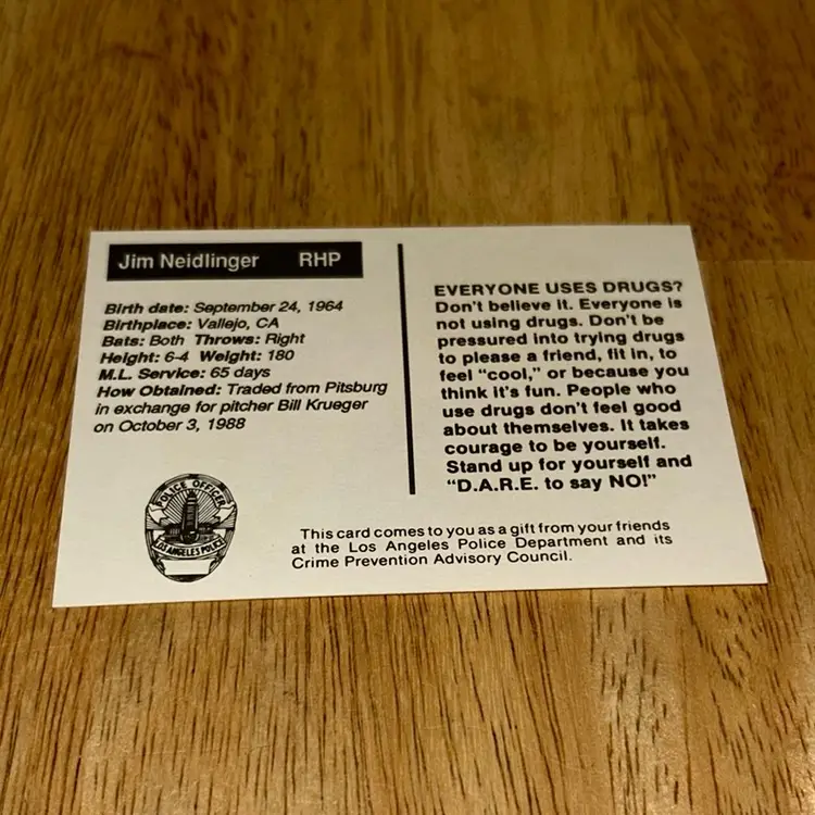 1991 LAPD Baseball Card Jim Neidlinger Los Angeles Dodgers # 31