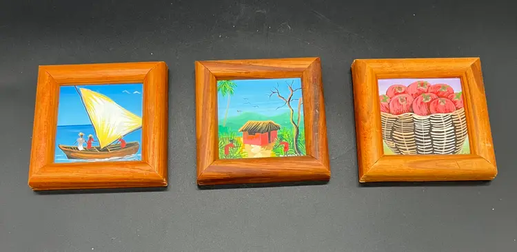 Vintage Framed Acrylic Folk Art Paintings, Caribbean, Set of 3, Signed