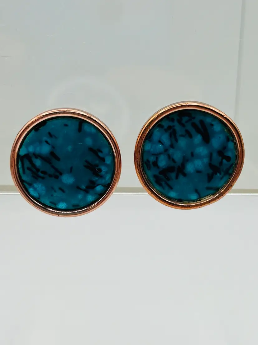 Vintage Round Matisse Renoir Copper Modernist Enamel Clip Earrings, signed