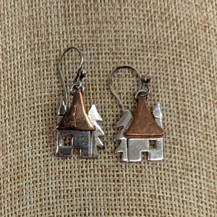 Vintage Anne Harvey House Tree Earrings Artisan Sterling 925 Copper Mexico Hook