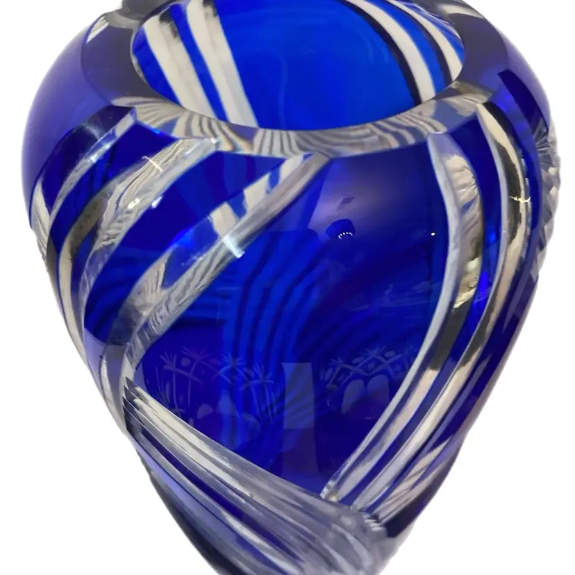 Cobalt Blue Vintage Cut To Clear Crystal Vase With Box Maker Unknown