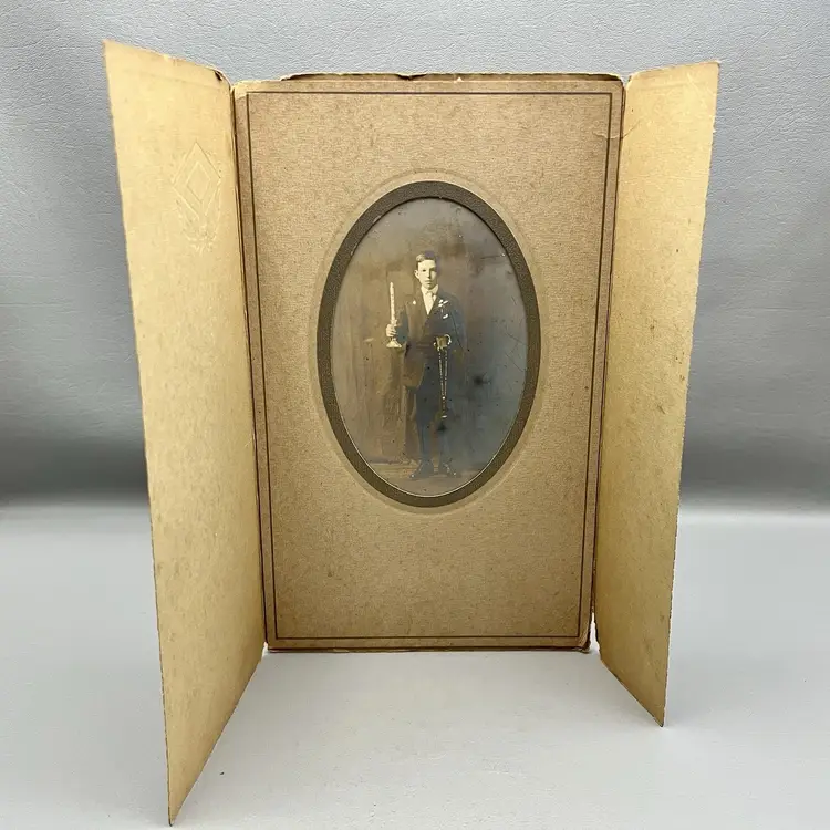 Vintage Photo Portrait Young Boy Holy Communion Rosary Bible Candle Suit Catholic