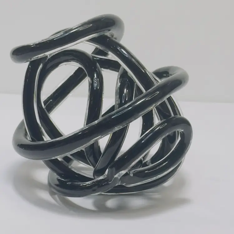#1148A Black & Clear Glass Rope Twisted Sculpture Paperweight Infinity Knot