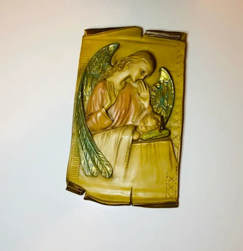 Vintage Guardian Angel over Sleeping Child Plaque Religious Traditional Cottage Shabby Chic