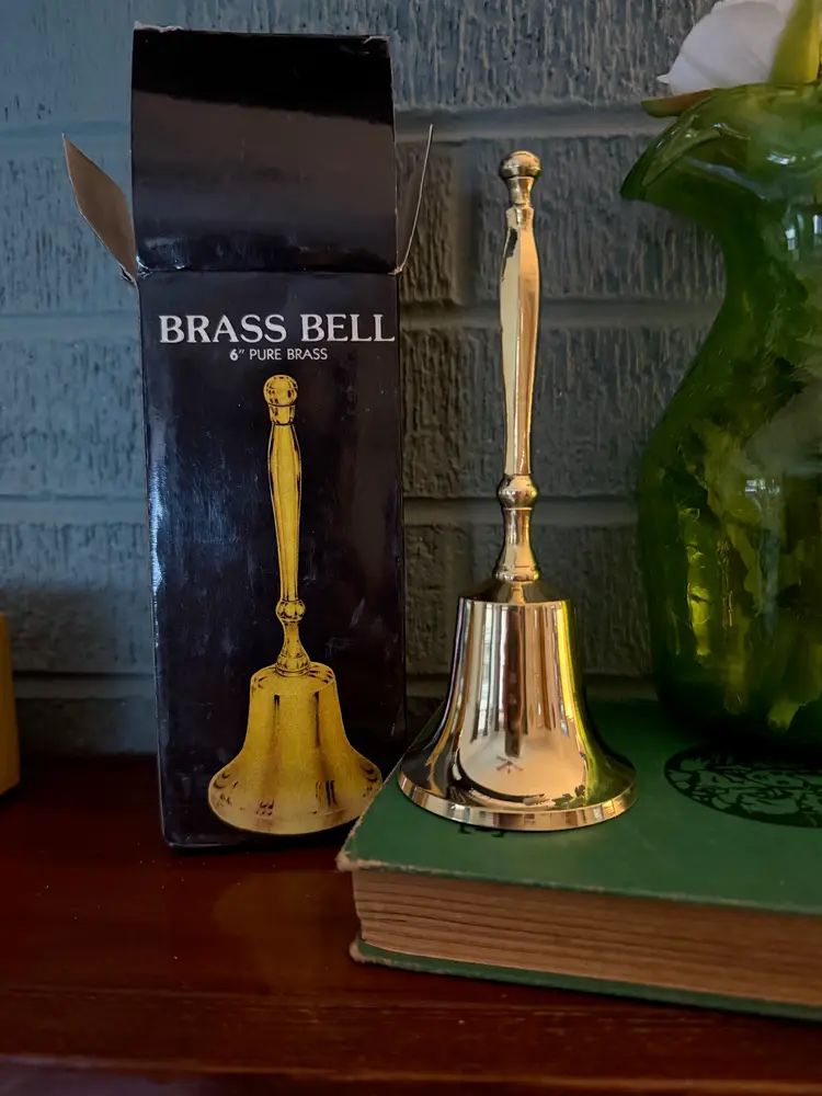 Vintage 6” Solid Brass Hand Bell with Original Box – Polished Call Bell – Paige’s Plates